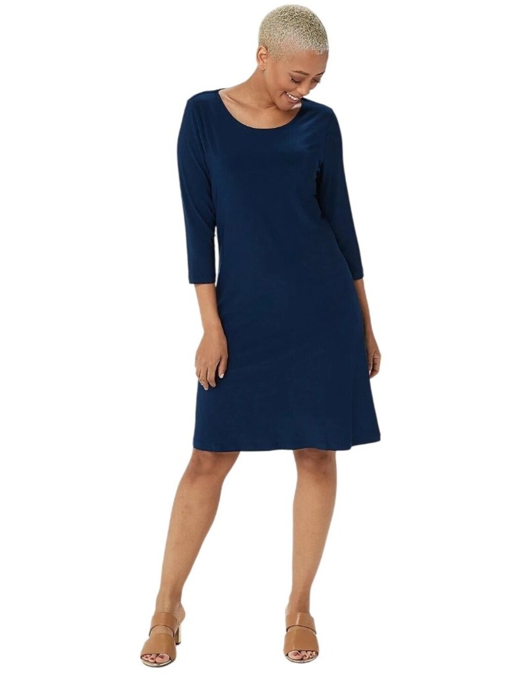 Attitudes By Renee A-Line Dress Large Scoop Neck 3/4 Sleeve Navy Blue Essentials